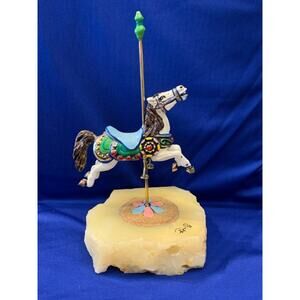 Ron Lee Pink and Blue Peddle Marble Base Carousel Horse 1981 Signed